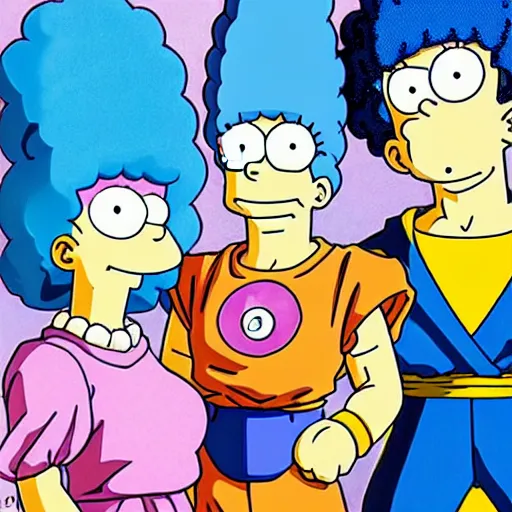 Image similar to marge simpson and her new family from dragon ball z drawn by akira toriyama