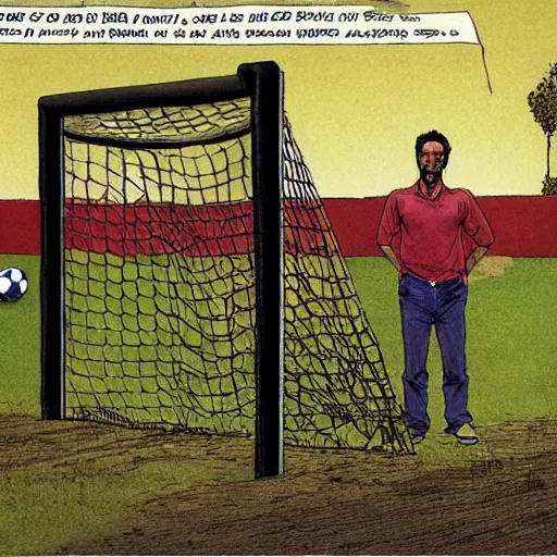 Prompt: a man on his knees crying, a soccer goal behind him, a soccer ball by his side. Epic portrait by james gurney and mœbius.