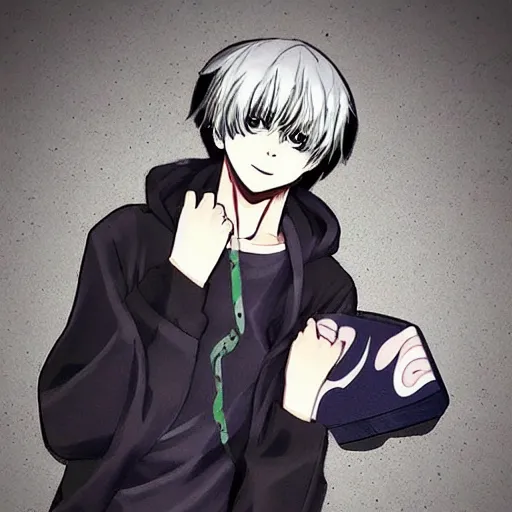 Image similar to Ken Kaneki, holding a skateboard, Hiroaki Tsutsumi style