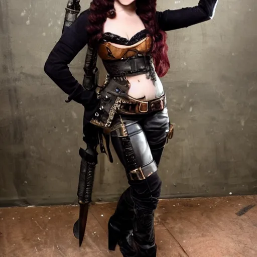 Prompt: full body photo of beautiful steampunk rogue with daggers