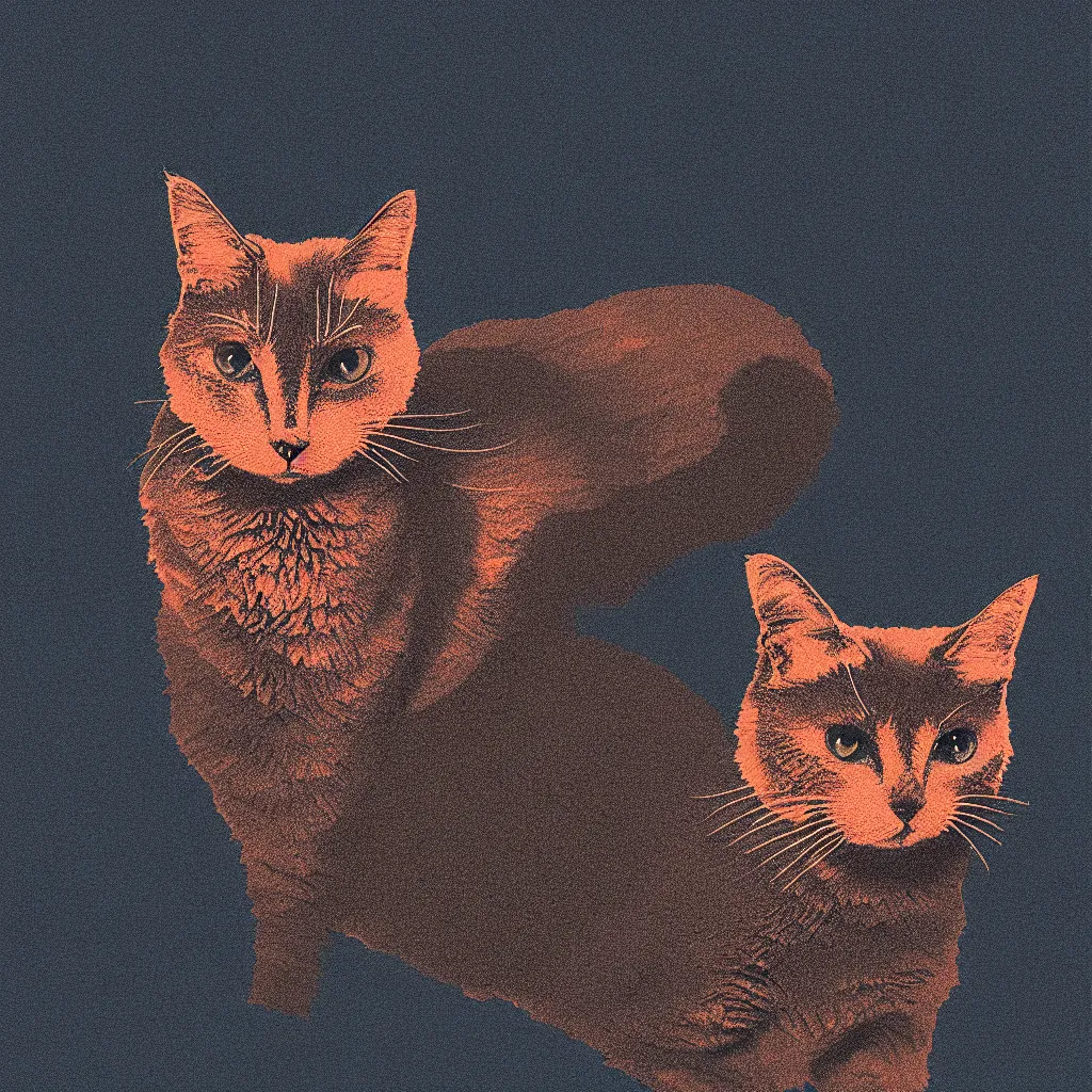 Image similar to sarcastic cat meme by, mads berg, karolis strautniekas, film noir, stippled light, dramatic lighting, editorial illustration, detailed, fine texture, matte print, art deco, brutalism, dark blue + dark orange, red, black, ( ( habitat 6 7 background ) )