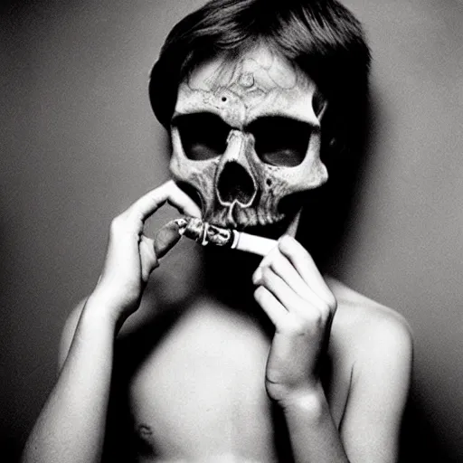 Image similar to teenage boy with skull mask smoking by sally mann