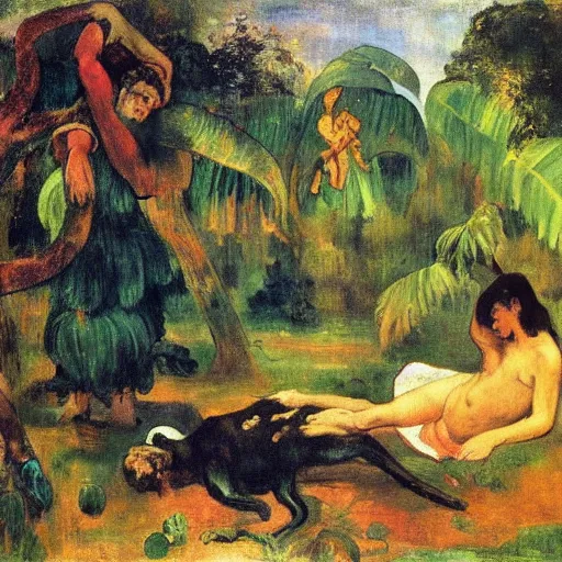 Prompt: a couple in the garden of eden, peaceful, painted by Eugene Delacroix, Paul Gauguin, Edward Hooper, 8k, Peter Doig, abstract oil paint, detailed, realistic, small spot of melting paint drips all over