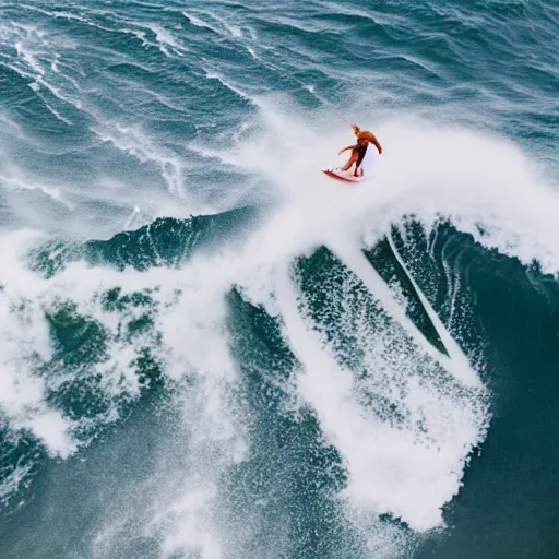 Prompt: a medium rare steak surfing 5 0 foot waves, tsunami surfing aerial photography