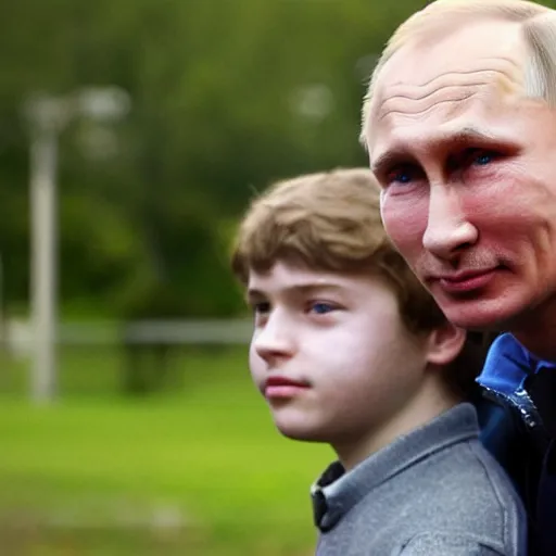 Image similar to A photo of putin teams up with a teenage putin, perfect faces, 50 mm, award winning photography