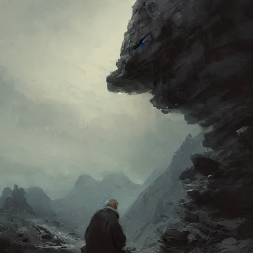 Image similar to portrait of an old man with a silver gray beard and ragged robes knelt down on the peak of a mountain writing on a stone, the sky above is wreathed in flames, by Jeremy Mann, realistic, detailed, ancient, digital art, apocalyptic, earth tones, dramatic, cinematic lighting