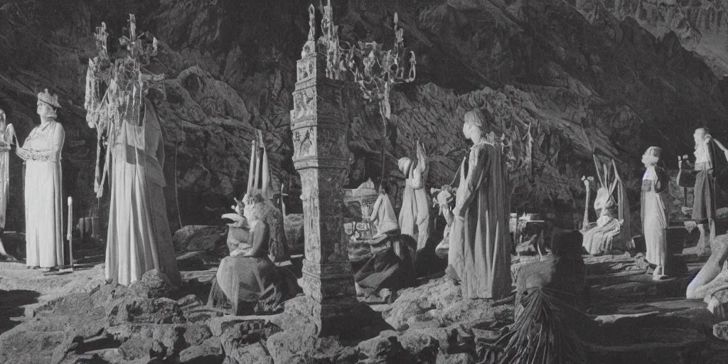 Image similar to 1920s photography of an occult ceremony meeting in the dolomites, occult signs, wicca, alp, dolomites, alpine, detailed intricate insanely detailed octane render, 8k artistic 1920s photography, photorealistic, black and white, chiaroscuro, hd, by David Cronenberg, Raphael, Caravaggio
