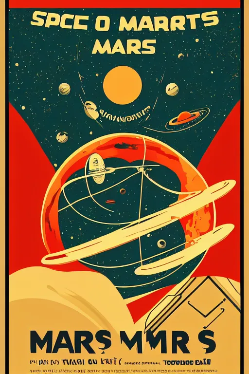 Image similar to vintage poster, space travel to mars, illustration, vector art, retro