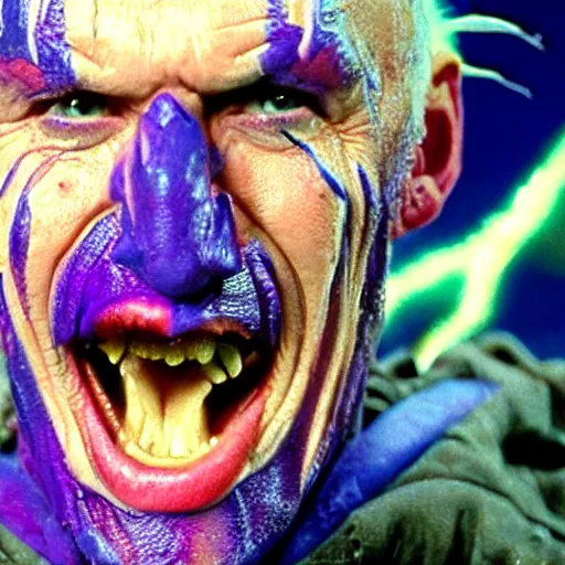 Prompt: ivan ooze, portrait, practical effects, 1 9 9 0 s action movie, purple electricity arcing from fingers, an army of tongue warriors