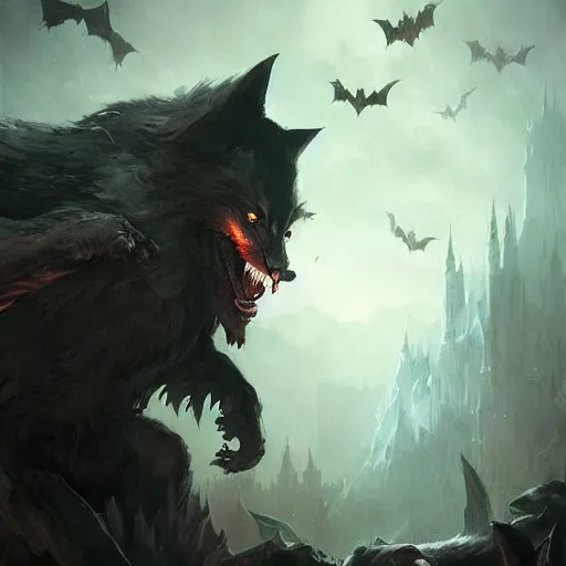 Image similar to werewolf vampire hybrid, dark cloak, bats flying in the background, fantasy game art by greg rutkowski, fantasy rpg, league of legends