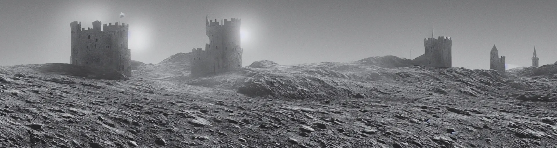 Image similar to landscape of the lunar surface with a spooky medieval castle tower on the far left, digital art