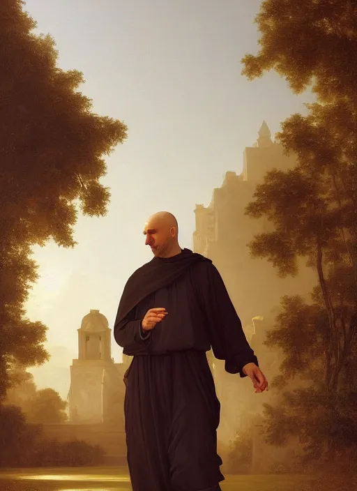 Image similar to oil painting portrait of a tonsured dominican monk in a white habit, striding dancing through a flourishing garden at sunset with a monastery in the background, hazy, digital art, chiaroscuro, artstation, cinematic, golden hour, digital art painting by greg rutkowski, william - adolphe bouguereau, hazy atmosphere, flowers, cinematic lighting