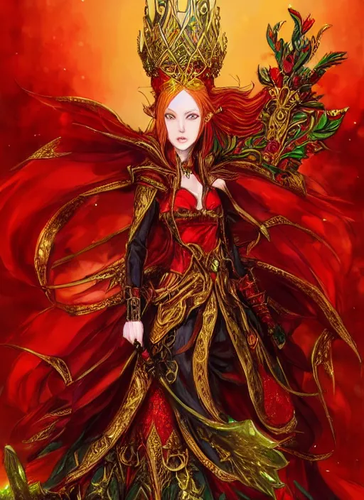 Image similar to Full body portrait of a beautiful red haired elven queen wearing red, green and gold ceremonial queen dress and elaborate golden crown. In style of Yoji Shinkawa and Hyung-tae Kim, trending on ArtStation, dark fantasy, great composition, concept art, highly detailed.