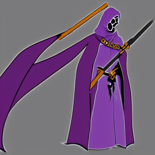 Image similar to grim reaper, purple cloak, full body, scythe