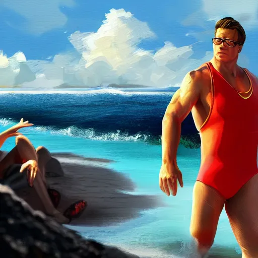 Prompt: a screenshot of François Hollande in the show Baywatch, highly detailed, digital painting, artstation, concept art, smooth, sharp focus, illustration