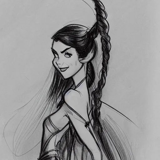Image similar to milt kahl sketch of victoria justice with done up hair and tendrils as princess padme from star wars episode 3