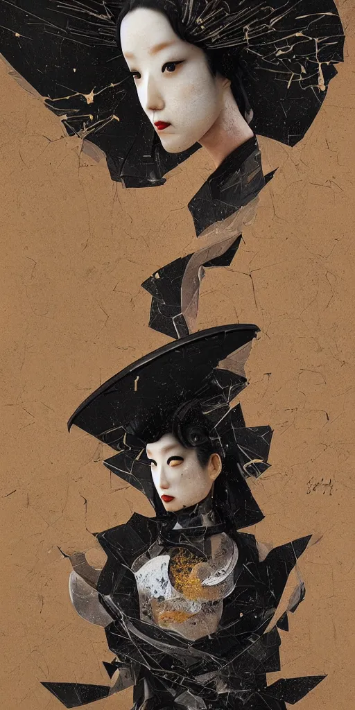 Image similar to portrait of a futuristic geisha with crying black eyes, kintsugi, modern fine art, fractal, intricate, elegant, highly detailed, digital photography, subsurface scattering, by jheronimus bosch and greg rutkowski,