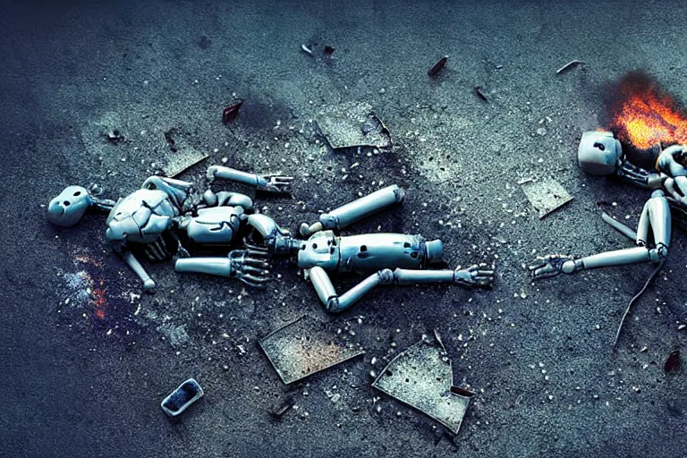 Image similar to vfx film closeup, dead robot couple on the ground holding hands, city street tire tracks fire. flat color profile low - key lighting award winning photography arri alexa cinematography, hyper real photorealistic cinematic atmospheric cool colorgrade