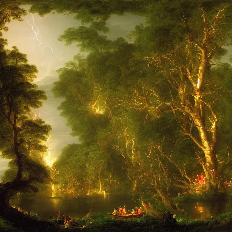 Image similar to a night carnival around a magical tree cavity with a rounded scenario with many fireworks and christmas lights, in a summer storm, next to a lake with iridiscent water, volumetric lightning, folklore people disguised as fantastic creatures in a magical forest by summer night, masterpiece painted by thomas cole, scene by night, dark night environment, refraction lights, glares