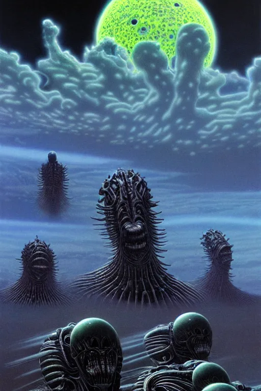 Prompt: terrifying mechanical clouds over alien planet by thomas ligotti and wayne barlowe