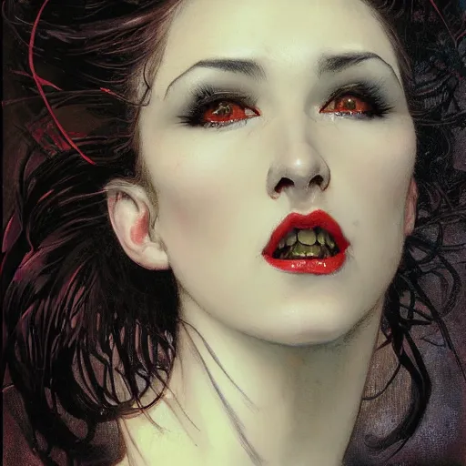 Prompt: portrait of a menacing beautiful vampire, head only, headshot, detailed and clear eyes and mouth, black hair by Stanley Artgerm Lau , greg rutkowski, thomas kindkade, alphonse mucha, loish, norman rockwell, J. C. Leyendecker. hair waving in the wind, pale skin, sinister complexion, thorn crown, image bordered by thorns, thorn background. D&D, fantasy. Trending on artstation rule of thirds extremely detailed illustration hd 4k