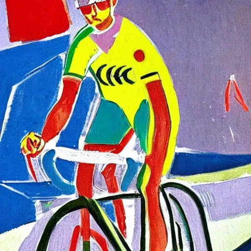 Prompt: jonas vingegaard on his bike in tour de france art by matisse.