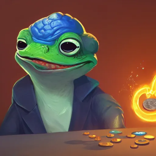 Image similar to super rich happy pepe, luxury, treasury, coins, money, hyper detalied, blue crystals, greg rutkowski, artstation