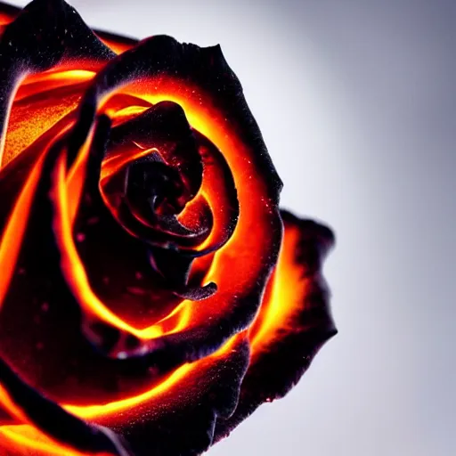 Image similar to award - winning macro of a beautiful black rose made of glowing molten magma