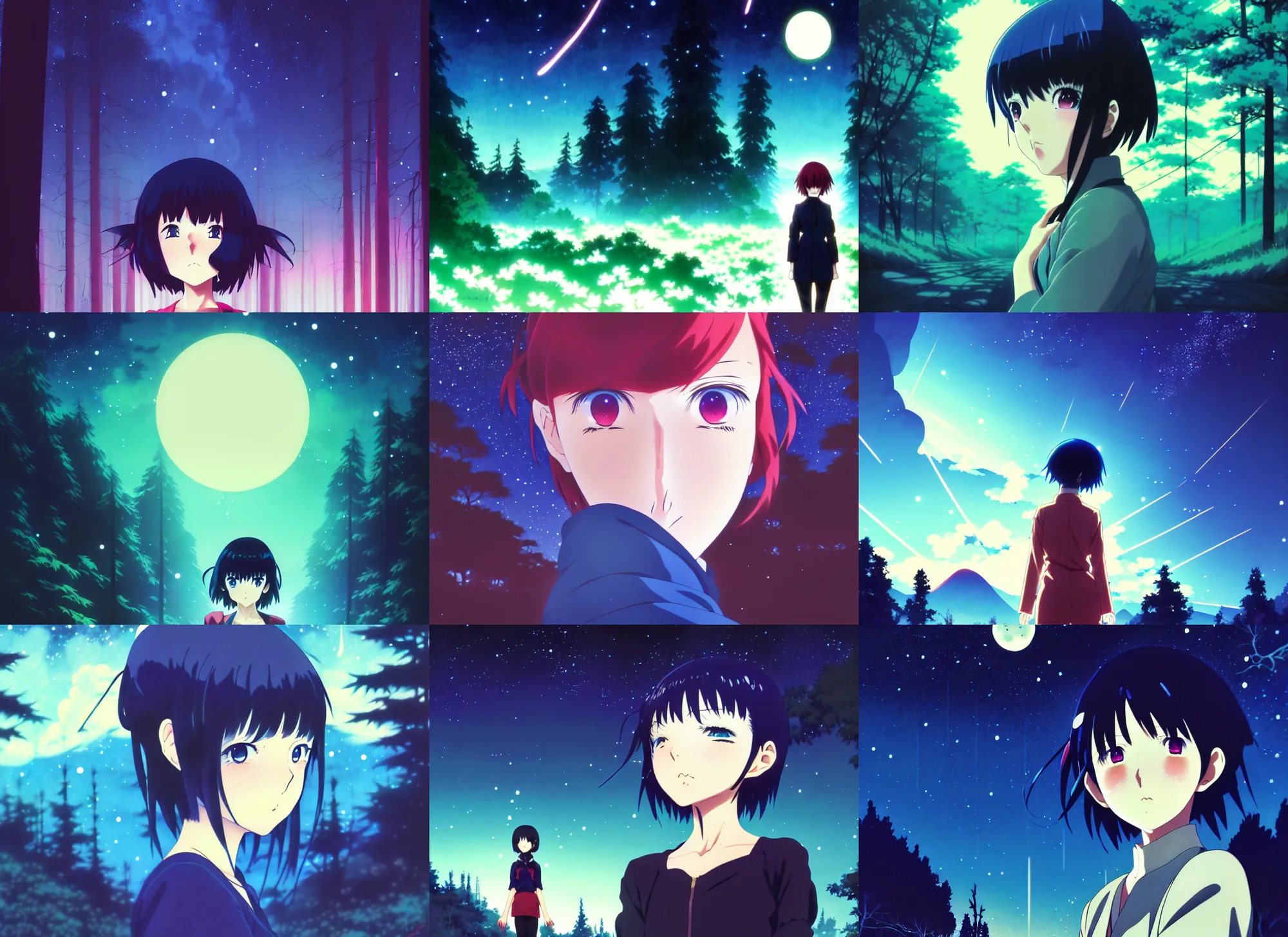 Prompt: anime cels, anime key visual, young woman traveling in a forest at night, night sky, nebula, very dark, cute face by ilya kuvshinov, yoh yoshinari, dynamic pose, dynamic perspective, rounded eyes, ghost in the shell, kyoani, smooth facial features, dramatic lighting, psycho pass