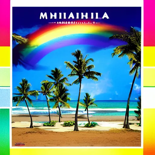 Image similar to miracle musical Hawaii part ii album cover, showing an ocean in the background, spiral transparent stairs on the left with tall palm trees behind it, a slight rainbow in the background, white outline border, moon in the right top area black and white except for the rainbow album cover