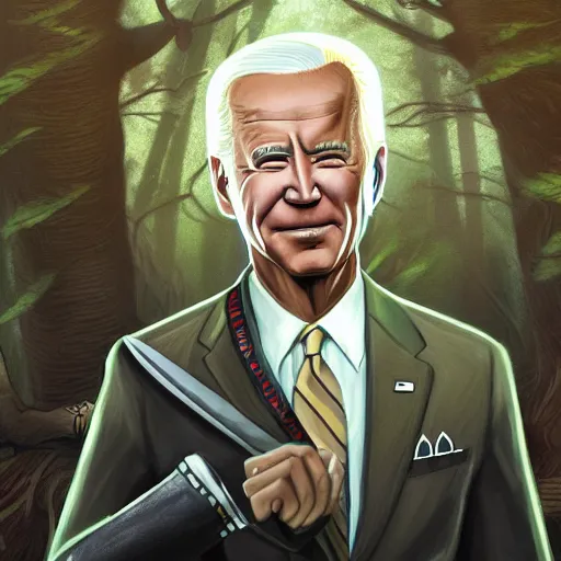 Prompt: award-winning extremely detailed FurAffinity fantasy art of Joe Biden, wielding a knife, in a forest, 4k, Hibbary, Dark Natasha, Goldenwolf, realistic shading, trending on FurAffinity