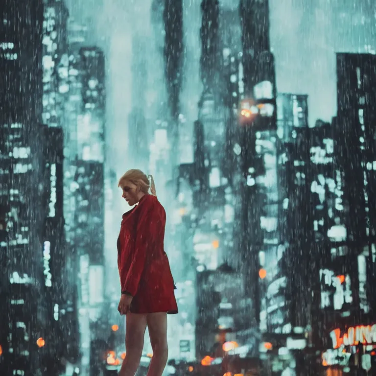 Image similar to cute annie leonhart in a neon city, beautiful face, pale skin, rule of thirds, cinematic lighting, rainy weather, melancholy atmosphere, sharp focus, backlit, model agency, instagram photo, shot on iphone 1 3 pro max, hyper realistic,