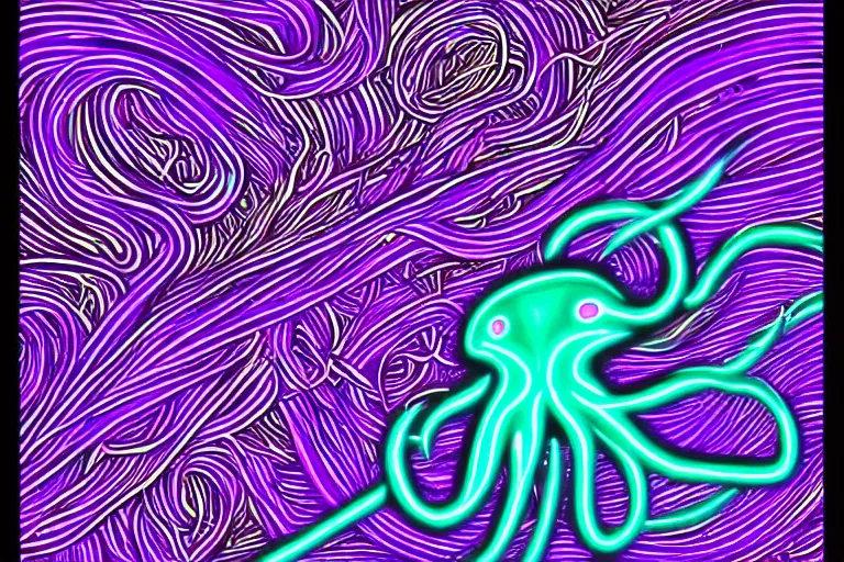 Image similar to digital art of a neon purple octopus floating in space by alex grey, neon outline, sharp lines, blurry background (arcylic), ((synthwave)),