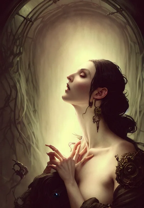 Image similar to Ethereal necromancer at a spooky old attic, fantasy magic, dark pin-up style hair, dark light night, intricate, elegant, sharp focus, illustration, highly detailed, digital painting, concept art, matte, art by WLOP and Artgerm and Greg Rutkowski and Alphonse Mucha, masterpiece