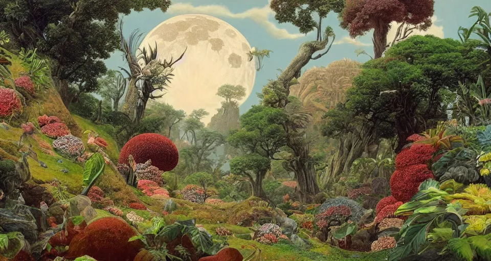 Prompt: a landscape on the moon with many craters, giant woodlouse, a beautiful flowering garden, a lot of exotic vegetations, trees, intricate detaild, pale colors, 8 k, in the style of martin johnson heade and roger dean