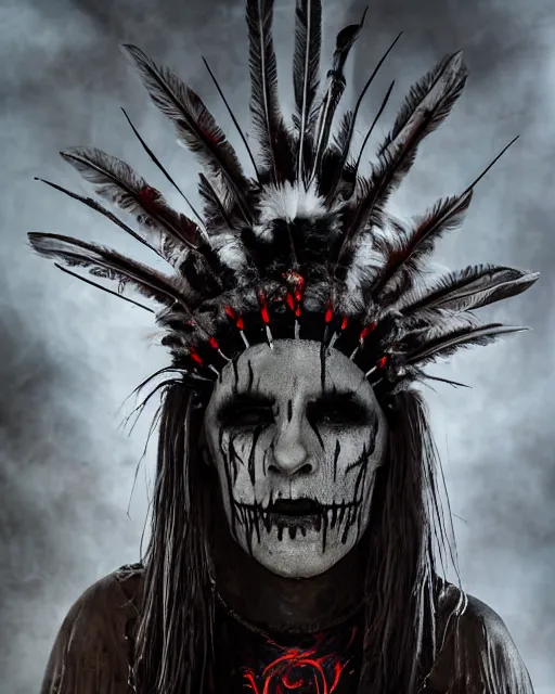 Image similar to the ghost - spirit of the grim - warpaint wears the scarlet skull armor and native blood headdress feathers, midnight fog - mist!, dark oil painting colors, realism, cinematic lighting, various refining methods, micro macro autofocus, ultra definition, award winning photo, photograph by ghostwave - gammell - giger - shadowlord