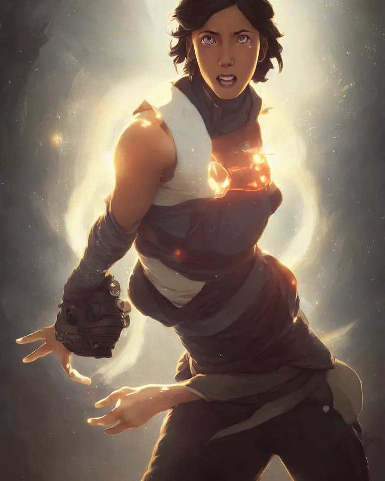 Image similar to Korra glowing eyes,digital art,ultra realistic,ultra detailed,art by greg rutkowski sacha goldberger, hyperdetailed,detailed face,professional lighting,dramatic,3 point lighting centered composition symmetrical features gazing eyes