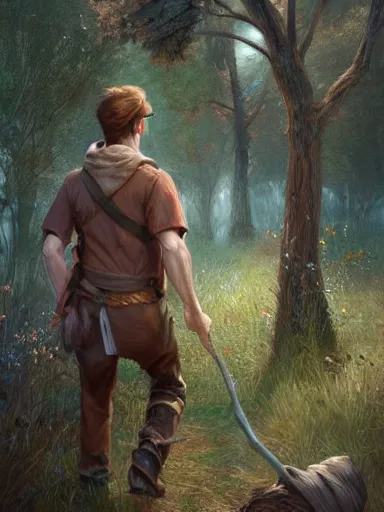 Image similar to a youthful handsome man holding a stick, walking in a rural area. intricate, elegant, highly detailed, digital painting, artstation, concept art, sharp focus, illustration, by justin gerard and artgerm, 8 k