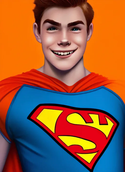 Image similar to friendly teenage archie andrews wearing an orange superhero costume with heart logo, heart, freckles, blue cape, heart emblem on chest, blue cape, intricate, elegant, glowing lights, highly detailed, digital painting, artstation, sharp focus, illustration, art by wlop, mars ravelo and greg rutkowski