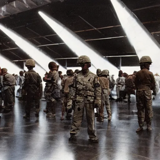 Prompt: soldiers searching through a hangar, 1 9 8 7, dim lighting, color, movie still