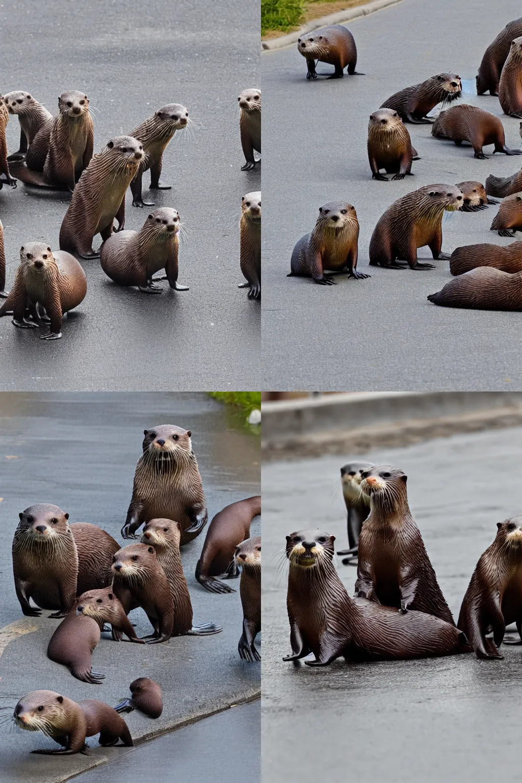 Prompt: a group of otters wreaking havoc on the streets of a small town