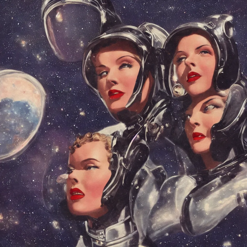 Image similar to 1940s Pulp Sci-fi style, closeup of a woman's face in a retro spacesuit with a dark and mysterious sky.