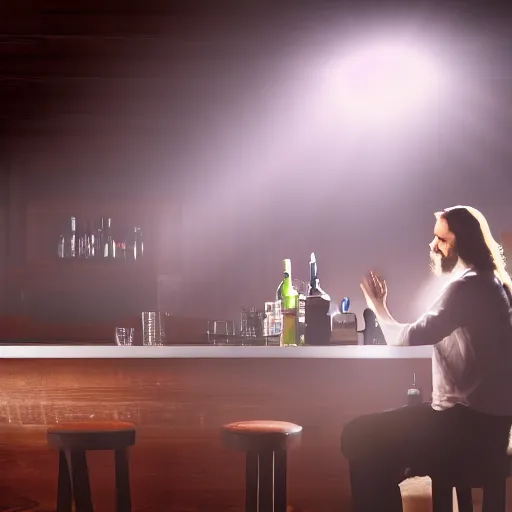 Image similar to a still of jesus sitting down on a stool at the bar, last call. it's dark and smoky. god rays through fog.