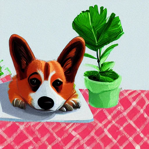 Prompt: very sad crying corgi sitting behind notebook on bed among the greenery, digital art painting