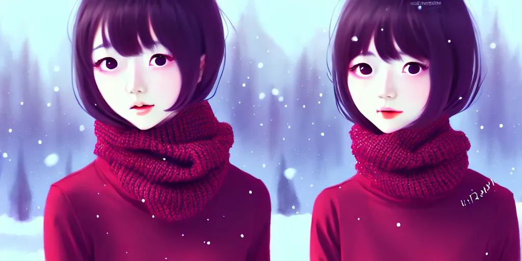 Prompt: ulzzang korean girl in sweater wearing scarf on neck. winter background, ilya kuvshinov, anime, pixiv top monthly, trending on artstation, cinematic, danbooru, zerochan art, kyoto animation