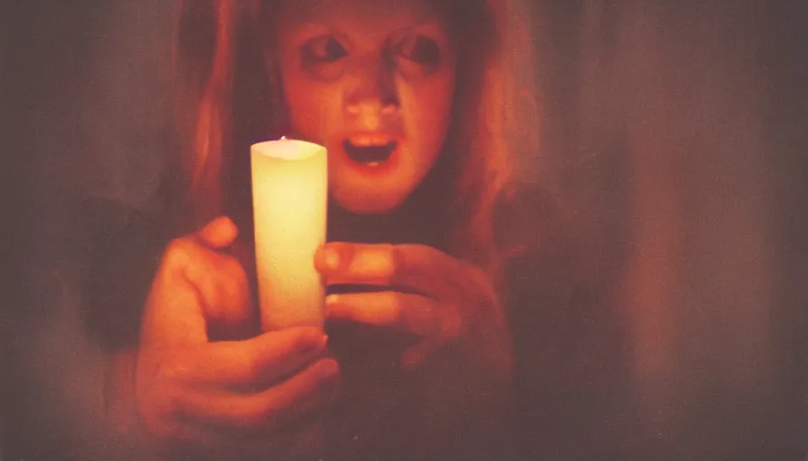 Prompt: 7 0 s film still from a horror movie about a teenager and a candle, kodachrome, cinecolor, cinestill, film grain, film texture, retro, cinematic, high resolution, photorealism,