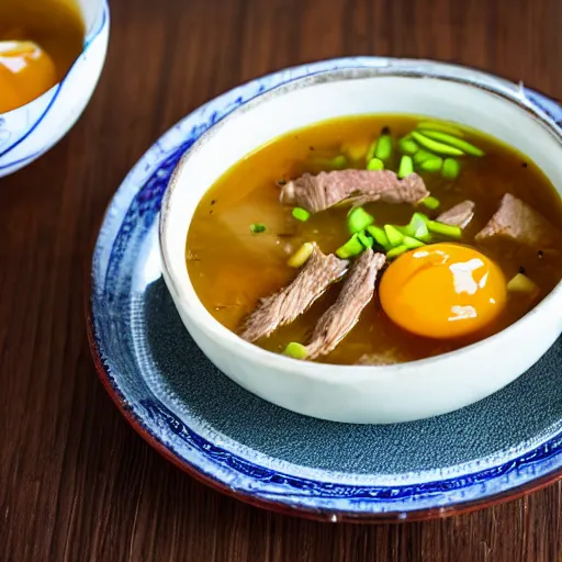 Prompt: a rice broth soup with cooked beef, barbecued chinese pork and egg yolk