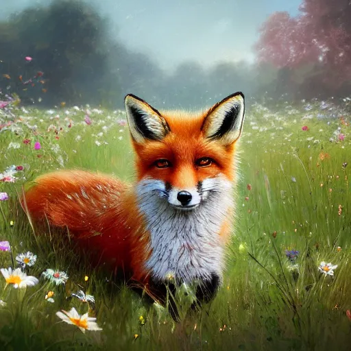 Image similar to a portrait of a cute fox in a field of beautiful flowers, by stanley lau and greg rutkowski