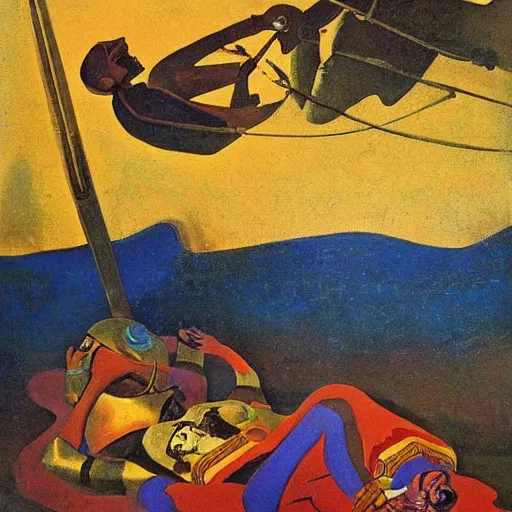 Image similar to a naturalist vintage painting of shining metal spanish conquistador soldiers lying on the ground by nicholas roerich by gustave moreau, by eyvind earle by bruce pennington by georgia o keeffe, blood, skin reflective metallic