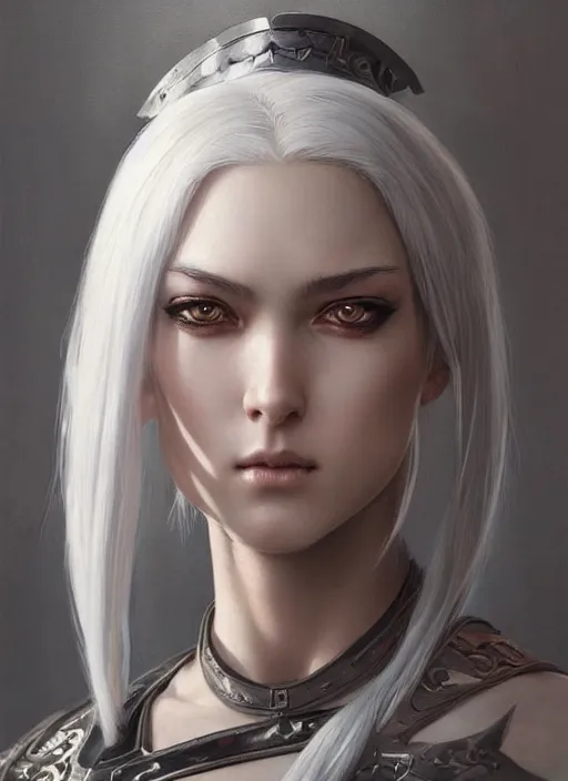 Prompt: girl with shoulder length white hair, steel samurai armor, beautiful highly detailed face, beautiful painting by artgerm and greg rutkowski and raymond swanland